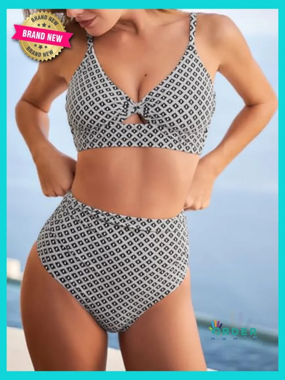 High Waisted Bikini Set Twist Front Cutout Full Coverage Ruched Two Piece